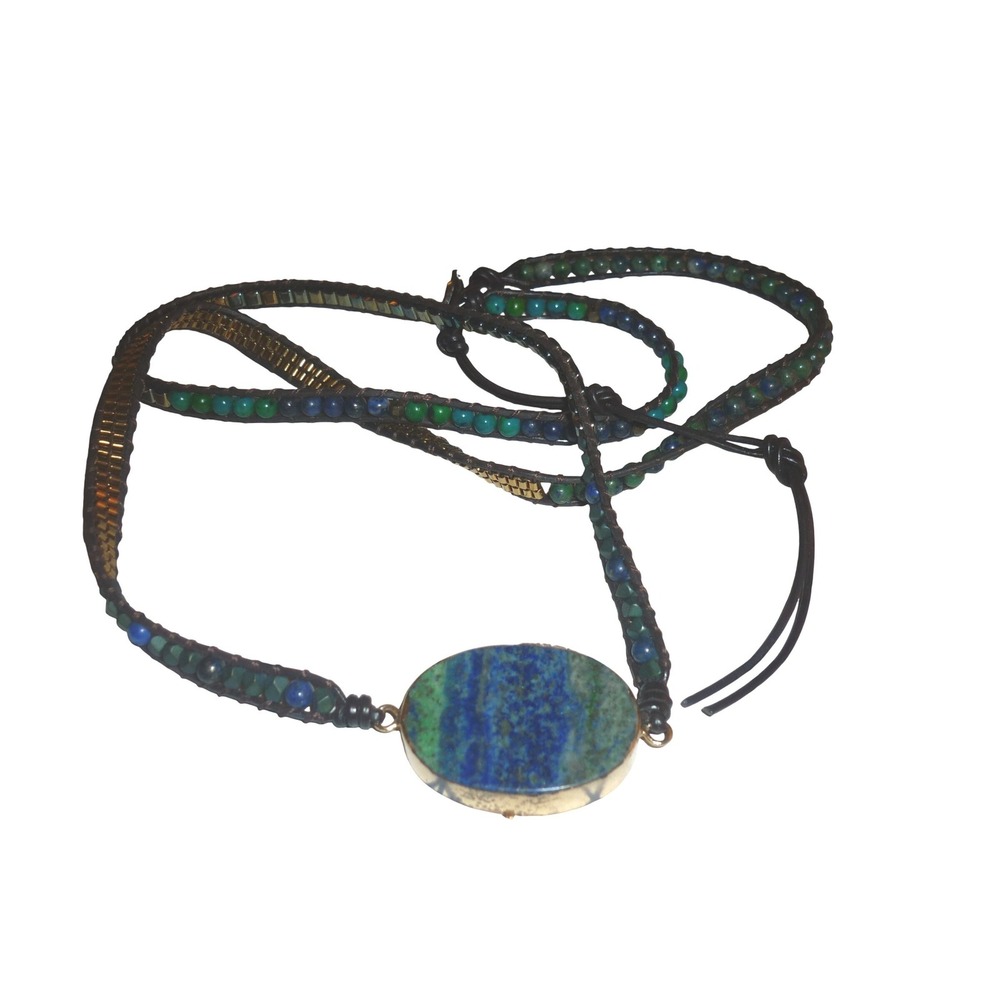 Plumiss Azurite‎ Malachite Leather Wrap Necklace Bracelet Lapis Lazuli 34in